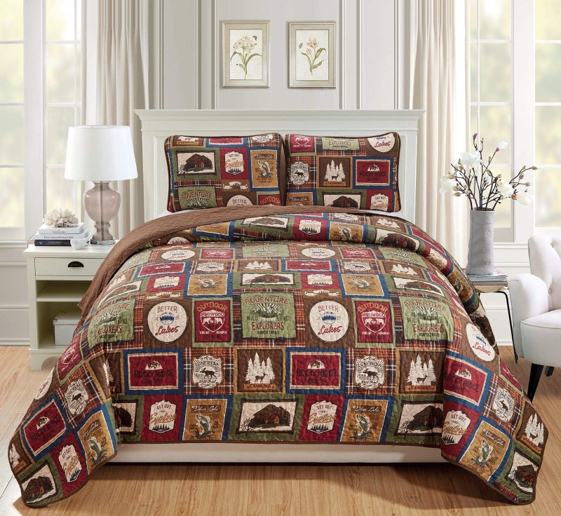 Rugs 4 Less Southwestern Great Outdoors Wilderness Cabin Lodge and Lakehouse 3-Piece Quilt Bedding Set with Plaid Patterns and Outdoor Destination Signs Quilted Bedspread (King/Cal-King - Lodge)